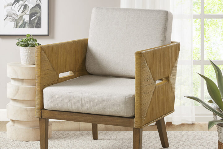 Handcrafted Rattan Upholstered Accent Arm Chair