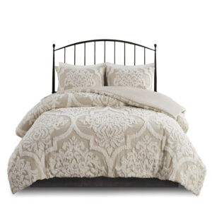 3 piece Tufted Cotton Chenille Damask Comforter Set