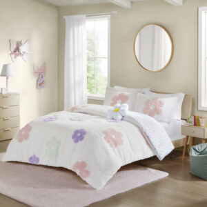Floral Reversible Tufted Chenille Comforter Set with Flower Throw Pillow
