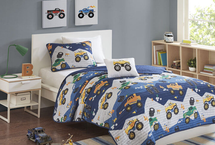 Monster Truck Reversible Quilt Set with Throw Pillow