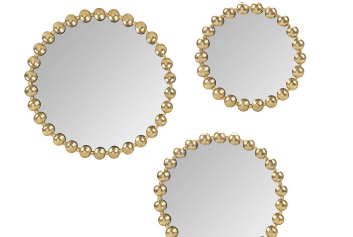 Gold Beaded Round Wall Mirror 3-piece set