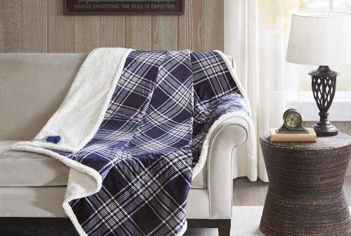 Oversized Plaid Print Faux Mink to Berber Heated Throw