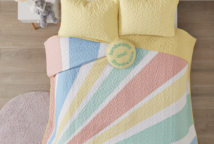Rainbow Sunburst Reversible Cotton Quilt Set with Throw Pillow