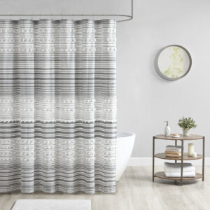 Cotton Yarn Dye Shower Curtain with Pom Poms