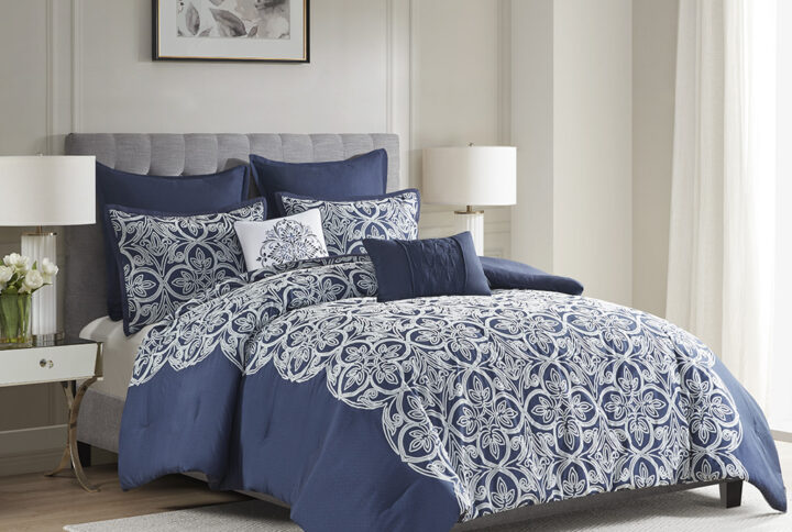 7 Piece Flocking Comforter Set with Euro Shams and Throw Pillows