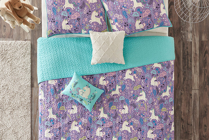 Unicorn Reversible Cotton  Quilt Set with Throw Pillows