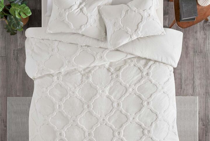 3 Piece Tufted Cotton Chenille Geometric Duvet Cover Set