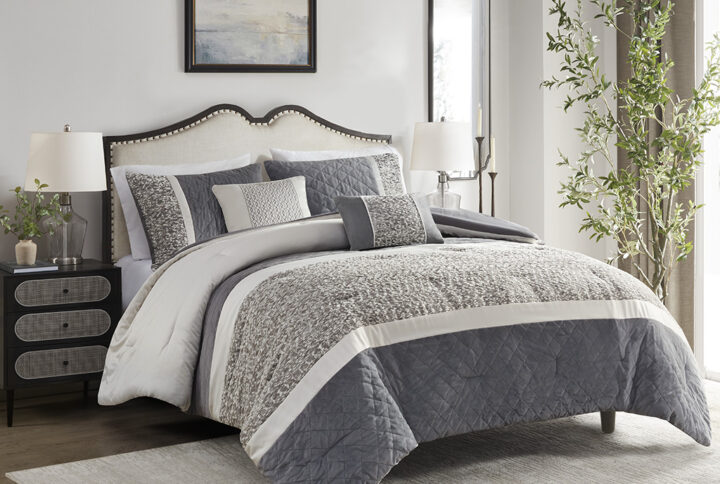 5 Piece Textured Jacquard Stripe Comforter Set with Throw Pillows