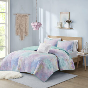 Watercolor Tie Dye Printed Quilt Set with Throw Pillow