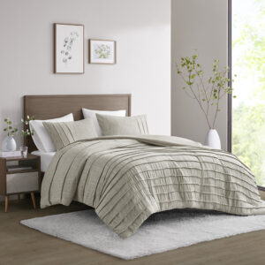 3 Piece Striated Cationic Dyed Oversized Duvet Cover Set with Pleats