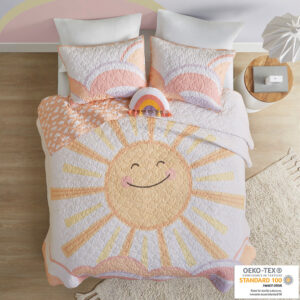 Reversible Sunshine Printed Cotton Quilt Set with Throw Pillow