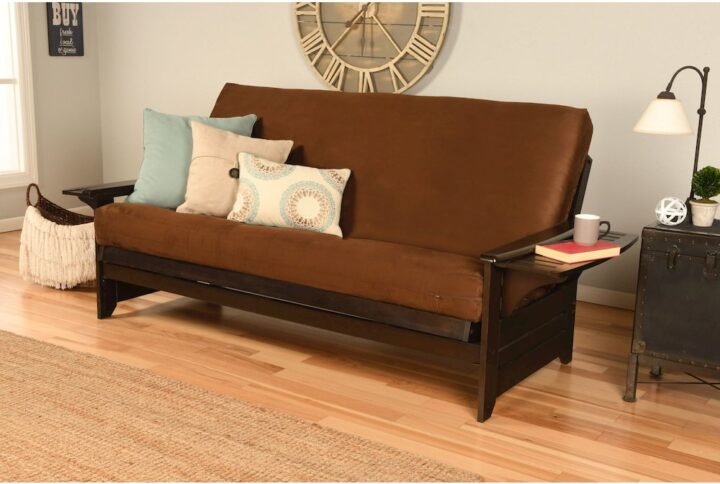 The futon is a classic hardwood frame with mission style arms. This unique and versatile Queen size futon sofa easily converts to a Bed.  This multifunctional piece of furniture can find a home in just about any type of room.