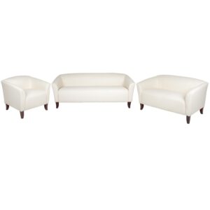 this set will keep up with the rigors of high volume use. This contemporary reception set is also made with foam padded LeatherSoft upholstery to provide comfortable seating while also allowing for easy cleanup. Not only will this set fit in a professional environment