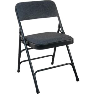 18 gauge steel construction with a 1-in. padded seat and 3/4-in. padded back. These metal folding chairs include a triple riveted U-brace design and are double hinged on each side for added strength and durability. Each fabric padded metal folding chair meets Fire Retardant standard CA117