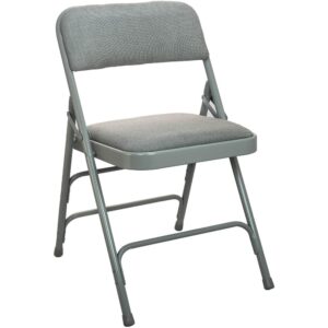 18 gauge steel construction with a 1-in. padded seat and 3/4-in. padded back. These metal folding chairs include a triple riveted U-brace design and are double hinged on each side for added strength and durability. Each fabric padded metal folding chair meets Fire Retardant standard CA117