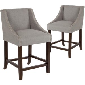 Bring warmth and comfort to your home while adding some world class elegance with this set of 2 classically sophisticated light gray counter stools. Have breakfast at your kitchen island or hang out with friends around the dining room table in style. Boasting durable fabric upholstery paired with decorative nail head trim