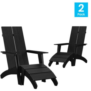 Go for a different look while retaining the comfort of a proven classic with this set of 2 modern dual slat back Adirondack chairs with matching footrests. The streamlined silhouette and wide slats give this outdoor patio set a sleek profile that will complement any décor. A perfect addition to your patio