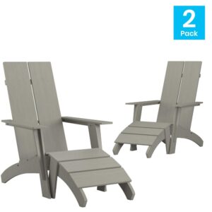 Go for a different look while retaining the comfort of a proven classic with this set of 2 modern dual slat back Adirondack chairs with matching footrests. The streamlined silhouette and wide slats give this outdoor patio set a sleek profile that will complement any décor. A perfect addition to your patio