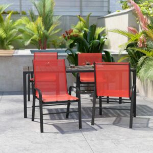 4 Pack Brazos Series Black Outdoor Stack Chair with Flex Comfort Material and Metal Frame