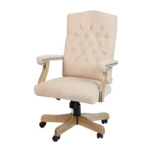 this swivel office chair with all its buttoned glory has an arched top and a 5.5” thick cushioned seat for comfort. The scroll arms with brass nail accents offer a stylish place to rest your arms. Functions include a tilt lock mechanism