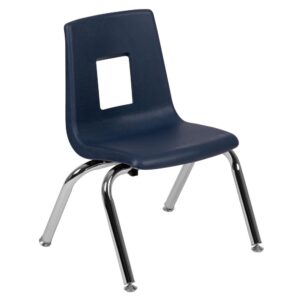 daycare or homeschool. The neutral colored school chair will keep children focused on the curriculum. The classroom oriented student stack school chair features a heavy-duty navy seat shell made of superior high-density polypropylene