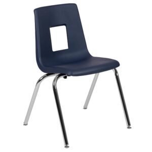 training room and adult education facilities with seating designed for comfort during educational courses and workshops. With an open-back for airflow this classic student stack chair will keep students comfortable to focus on the educator. The classroom oriented student stack school chair features a heavy-duty navy seat shell made of superior high-density polypropylene