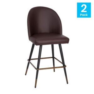 these high back 26" counter stools will be a hit in any environment. The contoured back and high density foam padding ensure your guests will want to linger over drinks in the hotel bar or dinner at their favorite spot. Strength and durability are key in the hospitality industry as well as the home and this pair of counter stools features both. Powder coated steel frames and integrated footrests allow these upholstered stools to hold up to 300 lbs. static weight. Adjustable floor protector glides keep your hard flooring surfaces free from damage and assembly is quick and easy with the included tools and instructions. Wipe with a dry cloth to keep your new counter height chairs looking brand new.