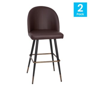 these high back 30" barstools will be a hit in any environment. The contoured back and high density foam padding ensure your guests will want to linger over drinks in the hotel bar or dinner at their favorite spot. Strength and durability are key in the hospitality industry as well as the home and this pair of barstools features both. A powder coated steel frame and integrated footrest allow this upholstered stool to hold up to 300 lbs. static weight. Adjustable floor protector glides keep your hard flooring surfaces free from damage and assembly takes less than 30 minutes with the included tools and instructions. Wipe with a dry cloth to keep your new bar height chairs looking brand new.