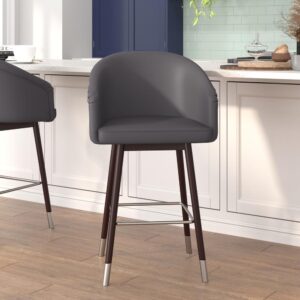 Bring your home or business into the 21st century with the modern trendy style of this commercial grade stool available in bar and counter heights. Covered in soft and durable LeatherSoft upholstery and boasting brushed silver accents on the legs and footrest