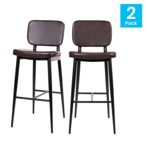 Sleek modern style meets well-crafted comfort in this set of 2 streamlined commercial grade mid-back barstools for your upscale hotel bar. Soft and durable LeatherSoft upholstery over a generously padded back and seat provide a snug but elegant perch to linger over a meal or your morning matcha tea or coffee but is stylish enough to be used as extra seating for guests. The mid-back design assists with posture control but also allows you to maintain movement while seated. The H-shaped integrated footrest eases the pressure from the legs for more comfortable seating. Quality and stability are top priorities for any seating in your home. A sturdy powder coated iron frame with metal screw reinforcements ensures a safe seating experience for your family. Adjustable plastic glides provide a level stool and protect your hard flooring surfaces from scuffs and scratches. Assemble your new dining stools in under 30 minutes with the provided step-by-step illustrated instructions. A dry cloth is all it takes to keep your new barstools looking great. Purchase more than one set of these modern barstools for your pub height dining table