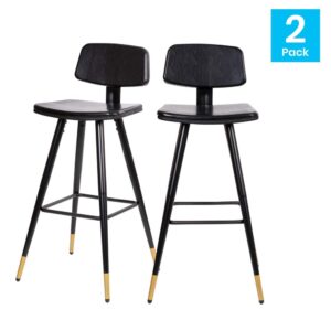 Whether your style is cutting-edge modern or industrial chic you're right on the money with this set of 2 low back commercial grade barstools. Soft and durable LeatherSoft upholstery over a generously padded back and seat provide a snug but elegant perch for patrons to linger over a meal in your bistro or pub or for lazy mornings with a cup of matcha tea or coffee at home seated at your kitchen island. Contrasting gold-tipped legs make a statement in any decor. These stools are at home in both residential and business settings. The low back design assists with posture control but also allows guests to maintain movement while seated. The integrated footrest eases pressure from the legs for more comfortable seating. Quality and stability are top priorities for any seating. A powder coated iron frame with metal screw construction ensures a safe seating experience for your customers or family. Adjustable plastic glides ensure a level stool and protect your hard flooring surfaces from scuffs and scratches. Assemble these new dining stools in under 30 minutes with the provided step-by-step illustrated instructions. Keep these new barstools looking great when you wipe them down with a dry cloth. Appoint your neighborhood deli or coffee house as well as your home with the upmarket style of these modern barstools.