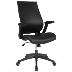 Feel like an executive when you pull this chair up to your professional office desk. This office chair showcases a comfortably molded seat and slim profile back with flexible covering. This ergonomically contoured chair will give you the support that you need to complete a day's work. Turn the tilt tension adjustment knob to increase or decrease the amount of force needed to rock or recline. Lock the seat in place with the tilt lock mechanism. Chair rotates 360 degrees to provide easy access to a greater range of area. A pneumatic seat height adjustment lever lets you easily position the chair at a height that is most comfortable for you. Adjustable armrests provide support by relieving the pressure off the shoulders and neck. Take your office space to new heights with this High Back Black LeatherSoft Executive Swivel with Adjustable Armrests.
