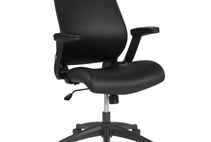 Feel like an executive when you pull this chair up to your professional office desk. This office chair showcases a comfortably molded seat and slim profile back with flexible covering. This ergonomically contoured chair will give you the support that you need to complete a day's work. Turn the tilt tension adjustment knob to increase or decrease the amount of force needed to rock or recline. Lock the seat in place with the tilt lock mechanism. Chair rotates 360 degrees to provide easy access to a greater range of area. A pneumatic seat height adjustment lever lets you easily position the chair at a height that is most comfortable for you. Adjustable armrests provide support by relieving the pressure off the shoulders and neck. Take your office space to new heights with this High Back Black LeatherSoft Executive Swivel with Adjustable Armrests.