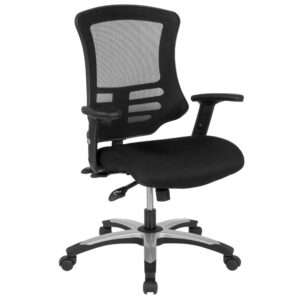This swivel ergonomic office chair was built to maximize your comfort with its triple paddle functions while sporting a stylish black and silver 5-star base. Achieve comfort with the ergonomically designed molded foam seat. The transparent mesh back allows air to circulate to keep you cool. Built-in lumbar support helps prevent back strain and you can adjust the back height a full 2" up and down. Easily adjust the back angle