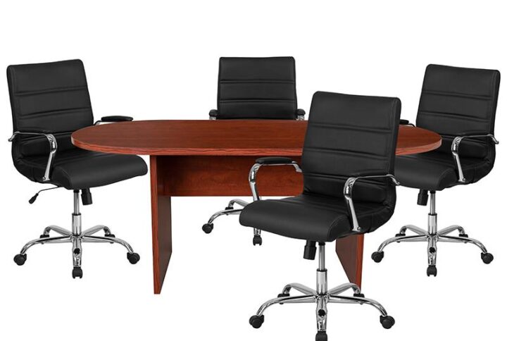 Build a dedicated space to have meetings with this conference table set that includes seating for 4. The 6' oval conference table is shaped to engage all participants for effective collaborations. Four modern office chairs with quilted upholstery and chrome finishing add a polished look to the room. Supported by adequate cushioning the stylish desk chairs has lumbar support and a waterfall seat edge to reduce pressure off legs. Adjust to your desired height by raising or lowering the pneumatic adjustment lever or gently rock or recline by pulling the lever outward. The conference table has a durable melamine laminate structure designed to last for years. Finish off your conference room with a conference phone speaker