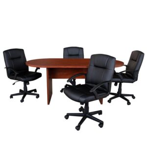 Build a dedicated space to have meetings with this conference table set that includes seating for 4. The 6' oval conference table is shaped to engage all participants for effective collaborations. Black office chairs never go out of style to keep your conference room looking fresh. Four office chairs with waterfall seat edge reduce pressure off legs and fit well in contemporary and traditional offices. Adjust to your desired height by raising or lowering the pneumatic adjustment lever or gently rock or recline by pulling the lever outward. The conference table has a durable melamine laminate structure designed to last for years. Finish off your conference room with a conference phone speaker