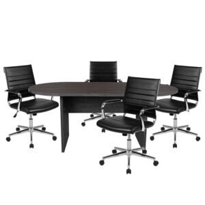 Build a dedicated space to have meetings with this conference table set that includes seating for 4. The 6' oval conference table is shaped to engage all participants for effective collaborations. Four modern office chairs with chrome finishing add a polished look to the room. Fall into comfort with the ribbed back desk chair backed by curved lumbar support and an integrated back bar to hang garments. Adjust to your desired height by raising or lowering the pneumatic adjustment lever or gently rock or recline by pulling the lever outward. The conference table has a durable melamine laminate structure designed to last for years. Finish off your conference room with a conference phone speaker