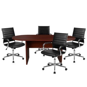 Build a dedicated space to have meetings with this conference table set that includes seating for 4. The 6' oval conference table is shaped to engage all participants for effective collaborations. Four modern office chairs with chrome finishing add a polished look to the room. Fall into comfort with the ribbed back desk chair backed by curved lumbar support and an integrated back bar to hang garments. Adjust to your desired height by raising or lowering the pneumatic adjustment lever or gently rock or recline by pulling the lever outward. The conference table has a durable melamine laminate structure designed to last for years. Finish off your conference room with a conference phone speaker