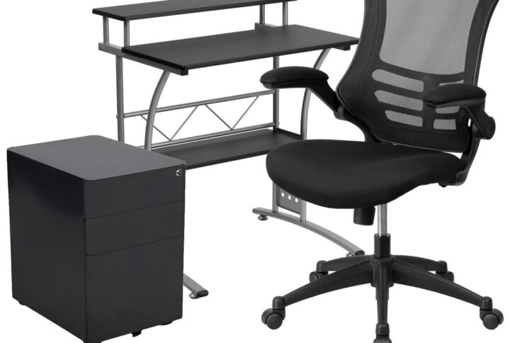 Who says compact office suites can't be functional? Add a contemporary look to your office with this desk and chair bundle. You'll be able to keep up with your daily demands effectively with the ergonomic mesh back office chair and pedestal storage. Take the stress out of starting your home business with an office in a box set to help you get started. Hand selected for your shopping convenience