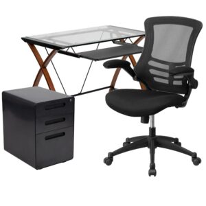 If you're looking to revive your home office a glass computer desk will bring your office up-to-date. This desk and chair set with filing cabinet is a great start for your new business venture. Having pleasant office seating and storage is essential for keeping up with daily tasks and this office in a box set provides you with plenty of resources. Hand selected for your shopping convenience