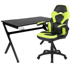 a detachable cup holder and headset holder to keep you in game mode. The racing game chair have flip-up arms to comfortably rest your arms on while handling the controller or flip-up to slide under the desk. Be true to the gaming experience with a desk and chair combo designed for gaming systems. This PC gaming desk has a spacious