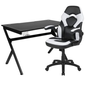 a detachable cup holder and headset holder to keep you in game mode. The racing game chair have flip-up arms to comfortably rest your arms on while handling the controller or flip-up to slide under the desk. Be true to the gaming experience with a desk and chair combo designed for gaming systems. This PC gaming desk has a spacious