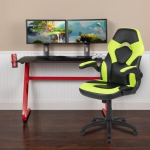 red z-frame offers stability and style for a cool looking desk setup. The black top gamers table has two grommets for cable management