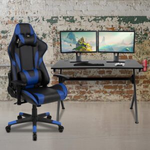 Set yourself up to put on a performance at your new gaming computer desk set with racing gaming chair. This gaming desk and chair set will put you ahead of the game world with its ultra-comfortable headrest and lumbar pillows that can be adjusted or removed. With a reclining office chair that reclines 87° ~ 145° with a pull of a lever you're positioned to take down any opponent. If you're on the market to upgrade your old desk and chair set or you've gotten into gaming more and need gaming furniture then this gamers bundle offers the perfect combination at an unbeatable price. This PC gaming desk has a spacious