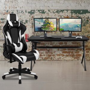 Set yourself up to put on a performance at your new gaming computer desk set with racing gaming chair. This extra large gaming desk and chair set will put you ahead of the game world with its ultra-comfortable headrest and lumbar pillows that can be adjusted or removed. With a reclining office chair that reclines 87° ~ 145° with a pull of a lever you're positioned to take down any opponent. If you're on the market to upgrade your old desk and chair set or you've gotten into gaming more and need gaming furniture then this gamers bundle offers the perfect combination at an unbeatable price. The black gamers table has a removable mouse pad top