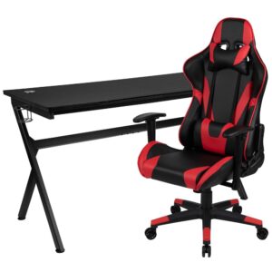 Set yourself up to put on a performance at your new gaming computer desk set with racing gaming chair. This extra large gaming desk and chair set will put you ahead of the game world with its ultra-comfortable headrest and lumbar pillows that can be adjusted or removed. With a reclining office chair that reclines 87° ~ 145° with a pull of a lever you're positioned to take down any opponent. If you're on the market to upgrade your old desk and chair set or you've gotten into gaming more and need gaming furniture then this gamers bundle offers the perfect combination at an unbeatable price. The black gamers table has a removable mouse pad top