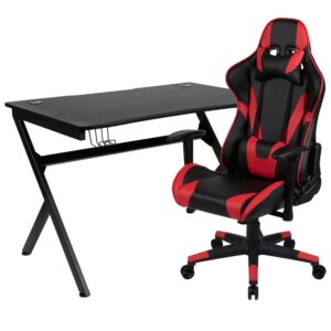 Set yourself up to put on a performance at your new gaming computer desk set with racing gaming chair. This gaming desk and chair set will put you ahead of the game world with its ultra-comfortable headrest and lumbar pillows that can be adjusted or removed. With a reclining office chair that reclines 87° ~ 145° with a pull of a lever you're positioned to take down any opponent. If you're on the market to upgrade your old desk and chair set or you've gotten into gaming more and need gaming furniture then this gamers bundle offers the perfect combination at an unbeatable price. This PC gaming desk has a spacious