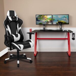 Set yourself up to put on a performance at your new gaming computer desk set with racing gaming chair. This gaming desk and chair set will put you ahead of the game world with its ultra-comfortable headrest and lumbar pillows that can be adjusted or removed. With a reclining office chair that reclines 87° ~ 145° with a pull of a lever you're positioned to take down any opponent. If you're on the market to upgrade your old desk and chair set or you've gotten into gaming more and need gaming furniture then this gamers bundle offers the perfect combination at an unbeatable price. The black top gamers table can hold up to two monitors and has two grommets for cable management. Always know where your headset is with the included headrest hook while you keep your desktop and pc gaming keyboard clear of accidental spills by placing hot and cold beverages in the cup holder. Your online followers will know that you're serious when they see you in your reclining gaming chair with adjustable pillows.