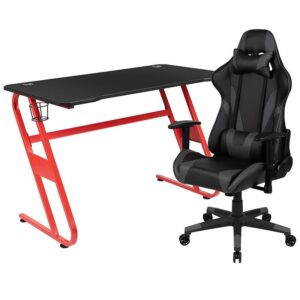 Set yourself up to put on a performance at your new gaming computer desk set with racing gaming chair. This gaming desk and chair set will put you ahead of the game world with its ultra-comfortable headrest and lumbar pillows that can be adjusted or removed. With a reclining office chair that reclines 87° ~ 145° with a pull of a lever you're positioned to take down any opponent. If you're on the market to upgrade your old desk and chair set or you've gotten into gaming more and need gaming furniture then this gamers bundle offers the perfect combination at an unbeatable price. The black top gamers table can hold up to two monitors and has two grommets for cable management. Always know where your headset is with the included headrest hook while you keep your desktop and pc gaming keyboard clear of accidental spills by placing hot and cold beverages in the cup holder. Your online followers will know that you're serious when they see you in your reclining gaming chair with adjustable pillows.