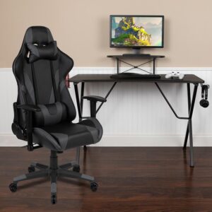 Set yourself up to put on a performance at your new gaming computer desk set with racing gaming chair. This gaming desk and chair set will put you ahead of the game world with its ultra-comfortable headrest and lumbar pillows that can be adjusted or removed. With a reclining office chair that reclines 87° ~ 145° with a pull of a lever you're positioned to take down any opponent. If you're on the market to upgrade your old desk and chair set or you've gotten into gaming more and need gaming furniture then this gamers bundle offers the perfect combination at an unbeatable price. The black gamers table has a removable monitor platform to reduce neck strain and a grommet for cable management. Always know where your headset is with the included headrest hook while you keep your desktop and pc gaming keyboard clear of accidental spills by placing hot and cold beverages in the cup holder. Your online followers will know that you're serious when they see you in your reclining gaming chair with adjustable pillows.